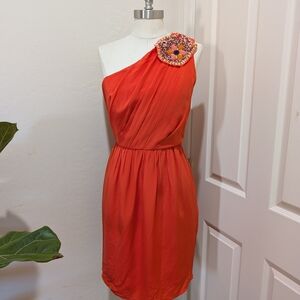Shoshanna Orange Ruched One-Shoulder Cocktail Dress